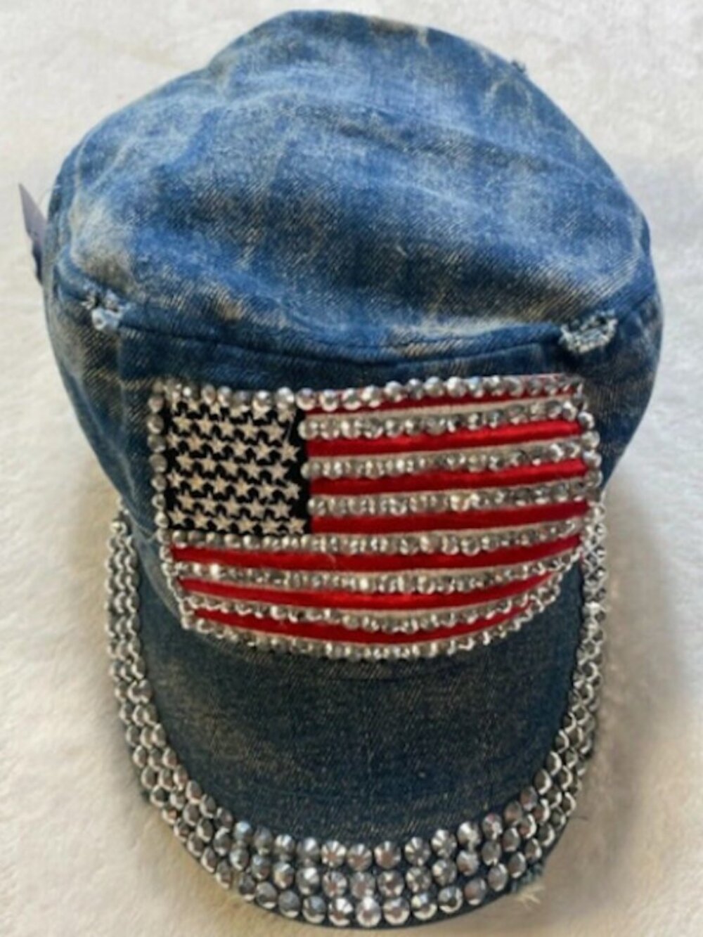 USA AMERICAN FLAG RHINESTONES BLING DISTRESSED BLUE DENIM CAP